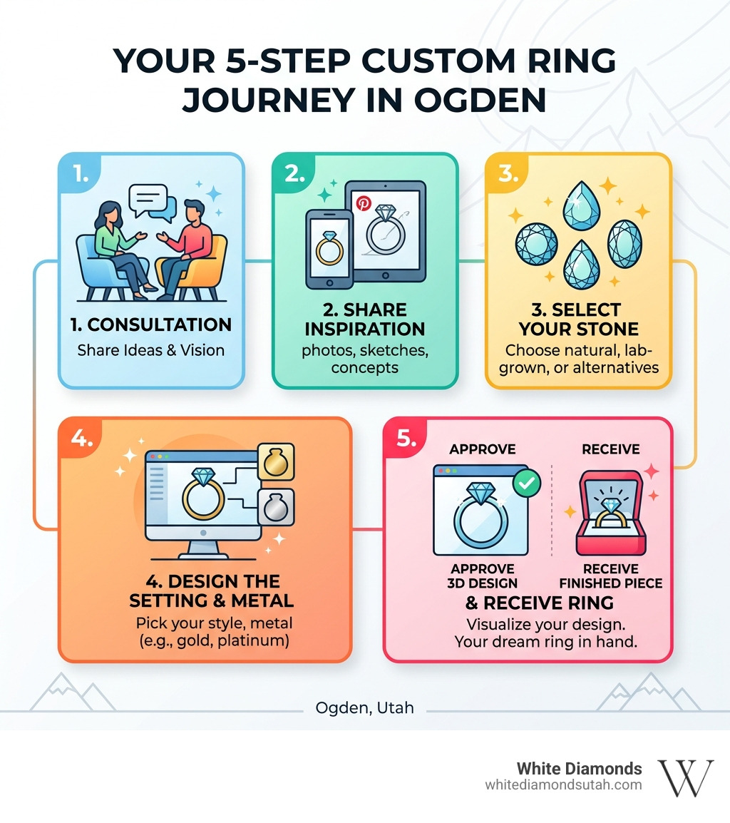 5-step custom ring design journey in Ogden from consultation to finished piece infographic