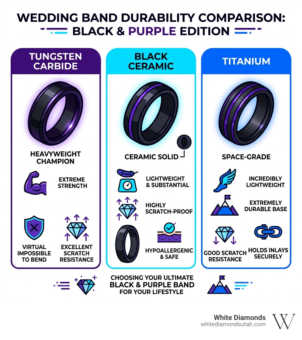 Infographic comparing Tungsten vs. Ceramic vs. Titanium durability infographic