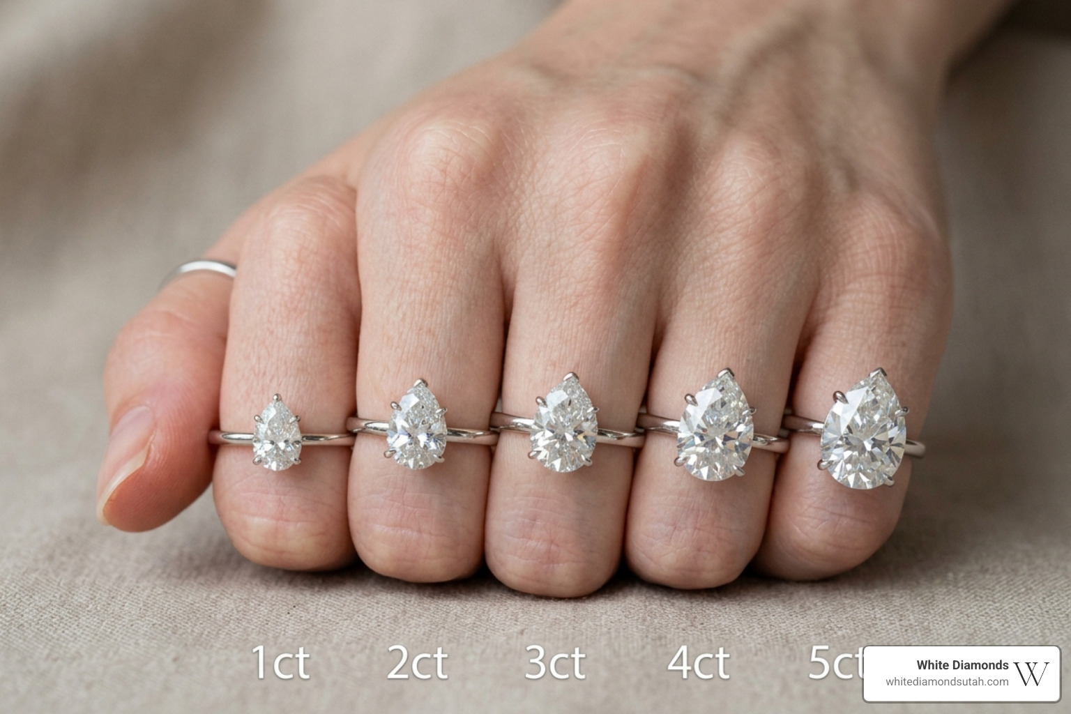 Comparing different moissanite sizes from 1ct to 5ct on a standard finger