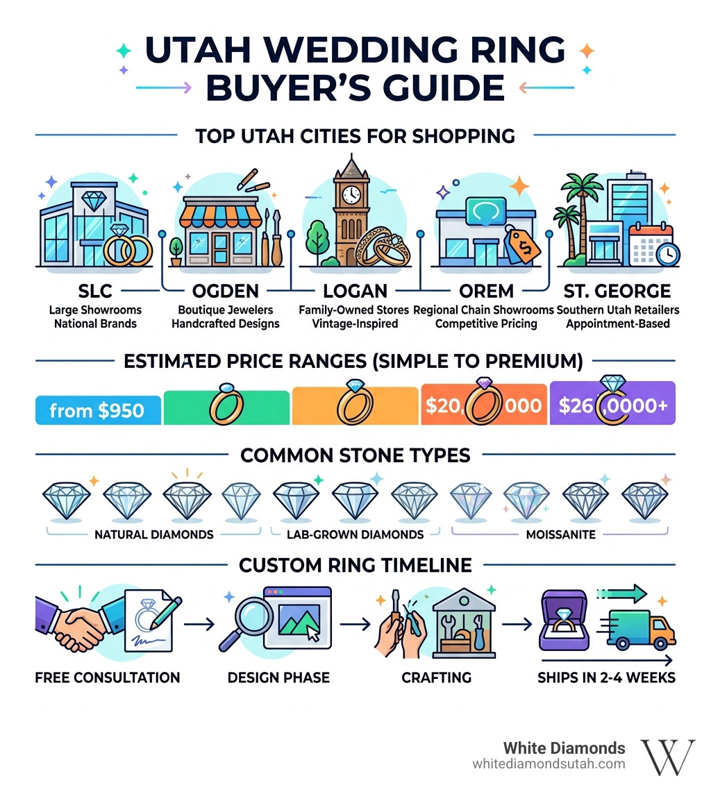 Top Utah wedding ring cities, price ranges, stone types, and custom ring timeline infographic infographic