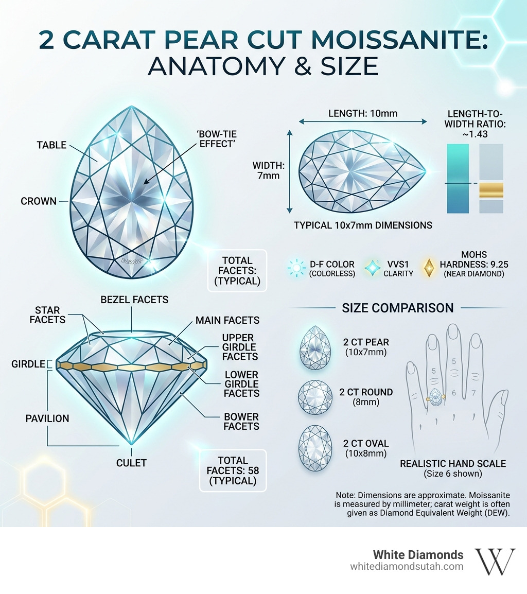 Infographic showing pear cut moissanite anatomy, facets, dimensions, and size comparison at 2 carats infographic