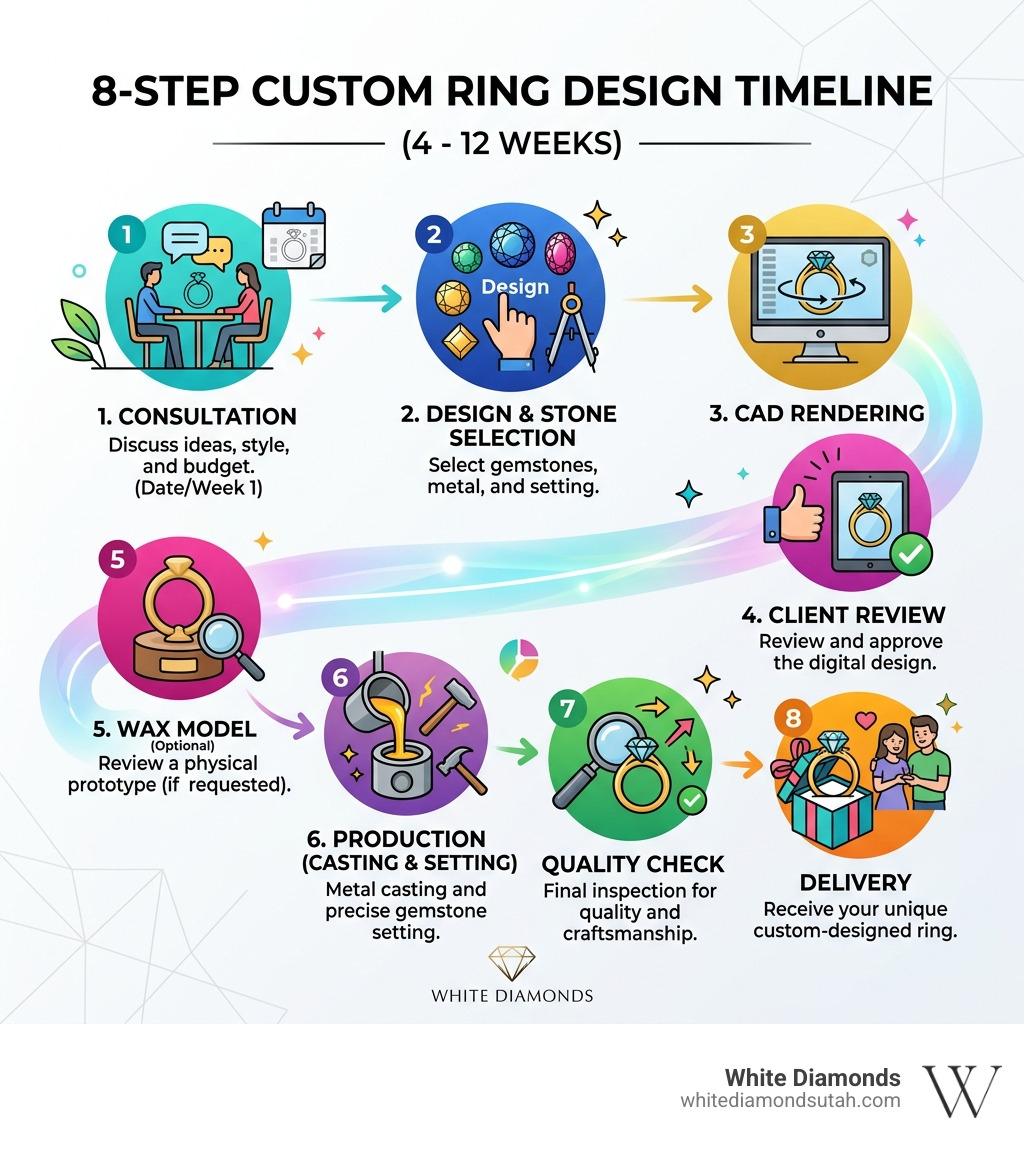 8-step custom ring design process timeline from consultation to delivery infographic