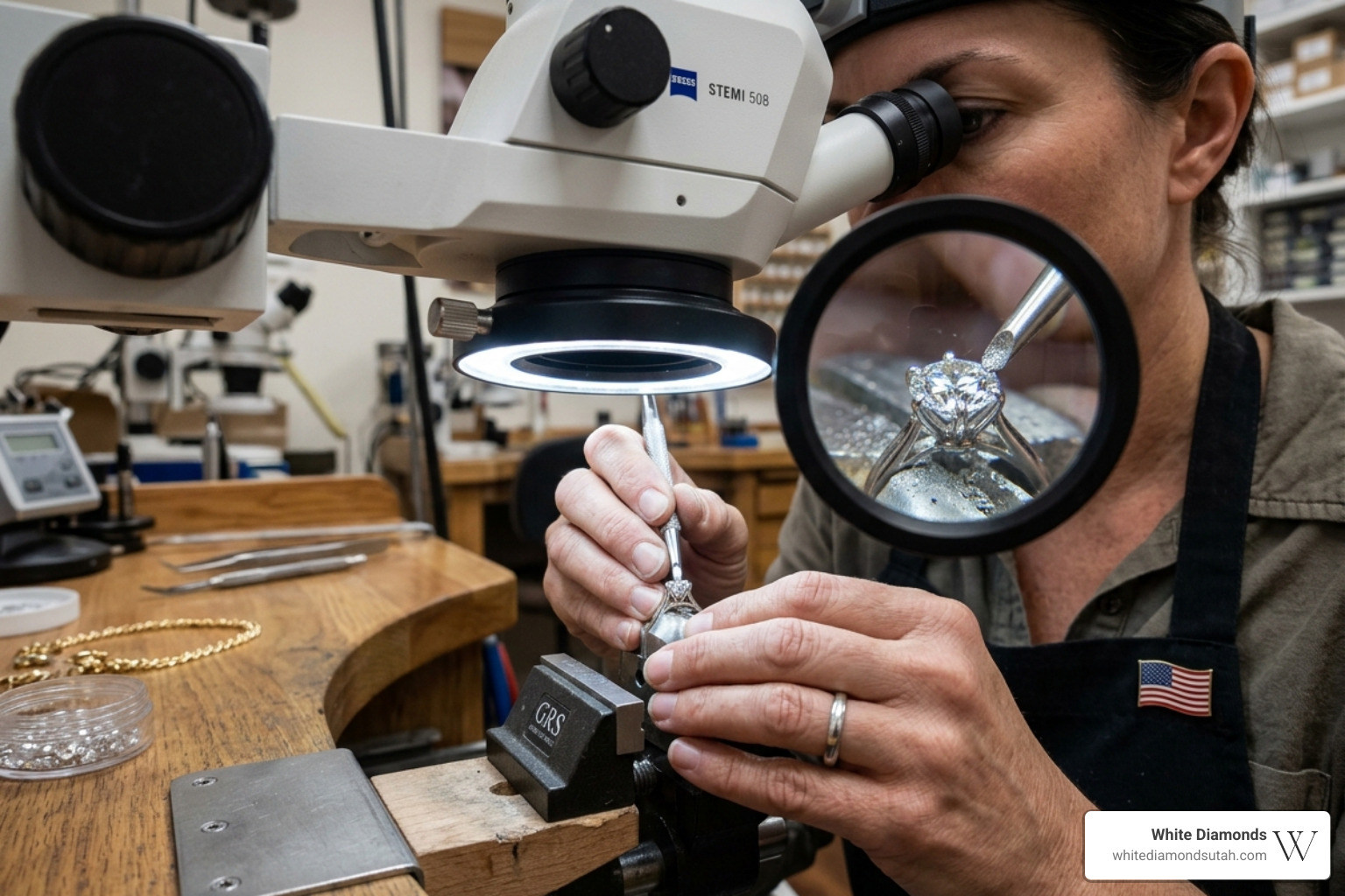 master jeweler hand-setting a diamond under a microscope
