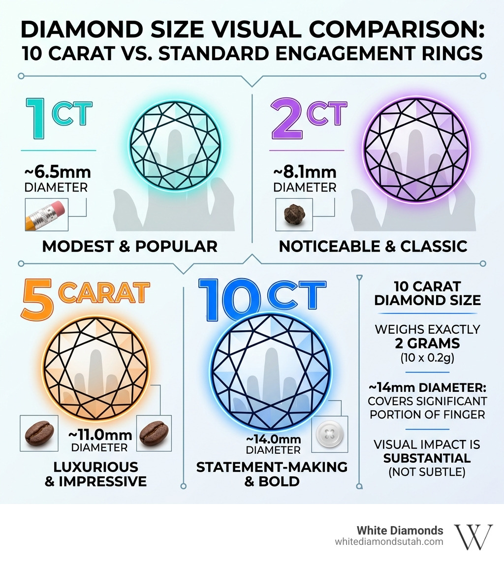 Infographic comparing 10 carat diamond dimensions vs 1, 2, and 5 carat standard engagement ring sizes infographic