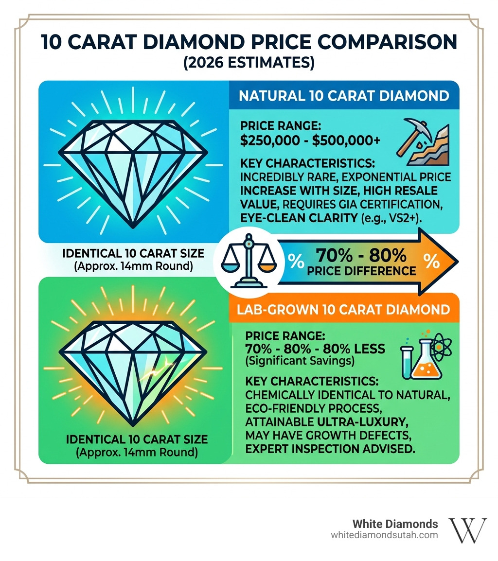 Graphic showing price comparison between 10 carat natural vs lab-grown diamonds infographic
