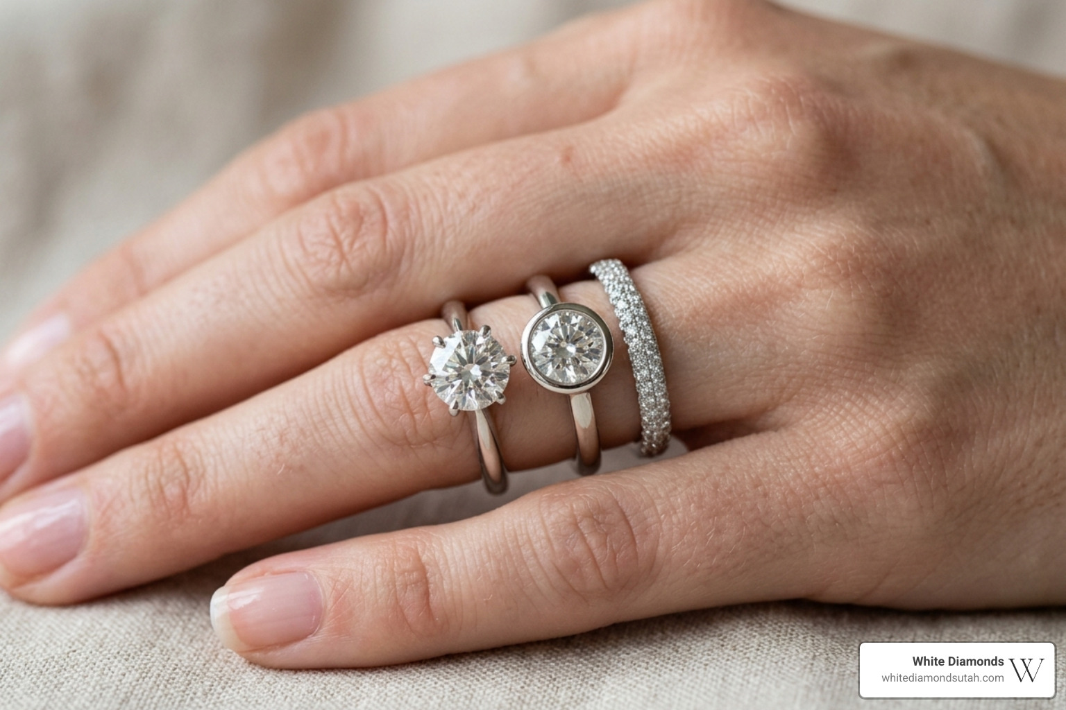 A comparison of prong, bezel, and pavé diamond setting styles on a hand