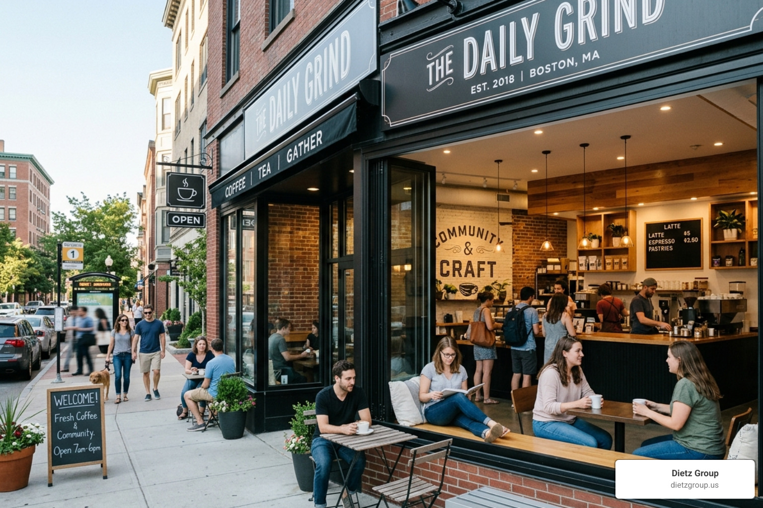 high-quality interior and exterior business photos showing a professional storefront
