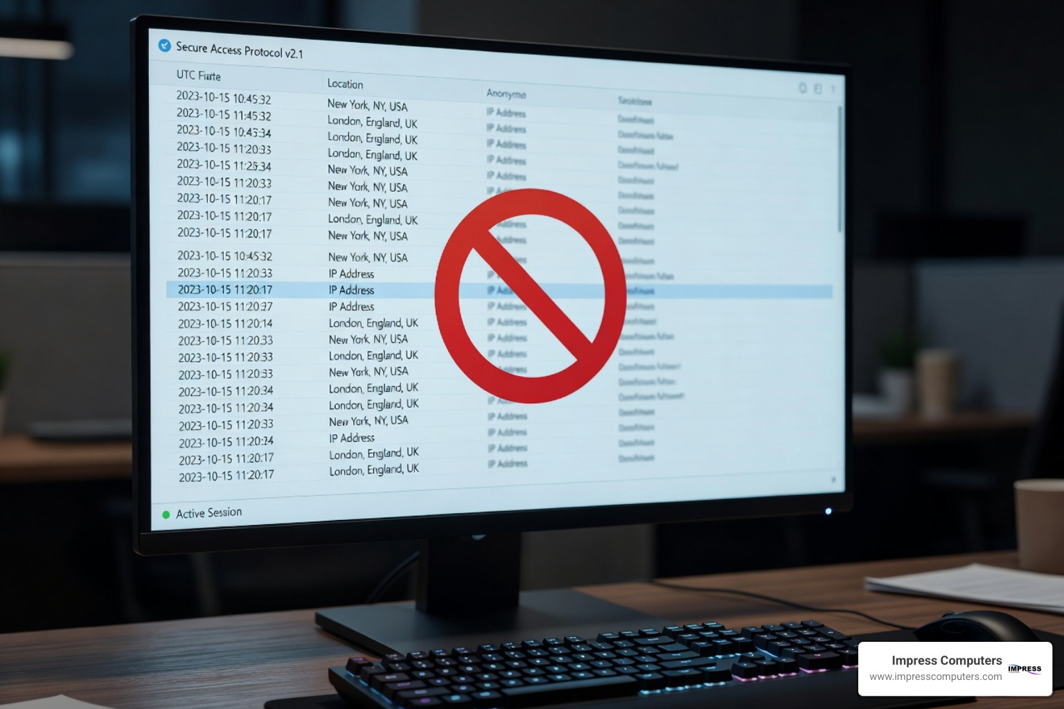 Log of file access showing timestamps and user locations - email files securely Log of file access showing timestamps and user locations - email files securely