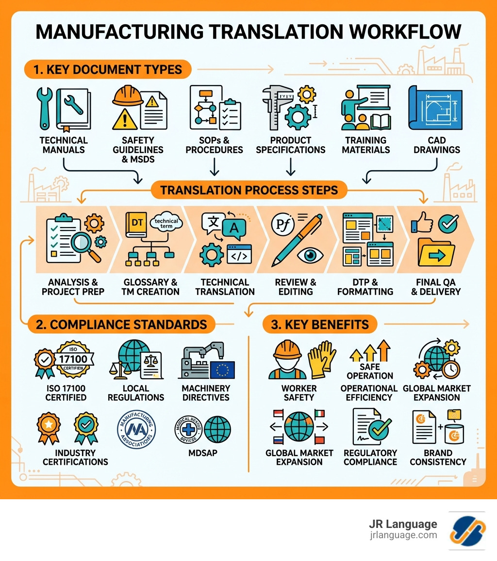 Manufacturing translation workflow infographic Manufacturing translation workflow infographic