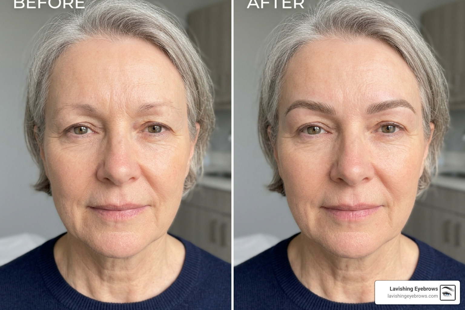 Before and after of nano brow procedure on a woman over 60