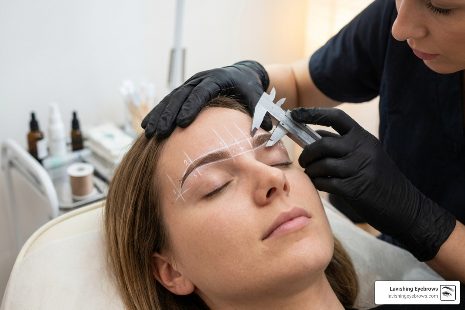 Professional brow mapping showing symmetry lines and orbital bone measurements