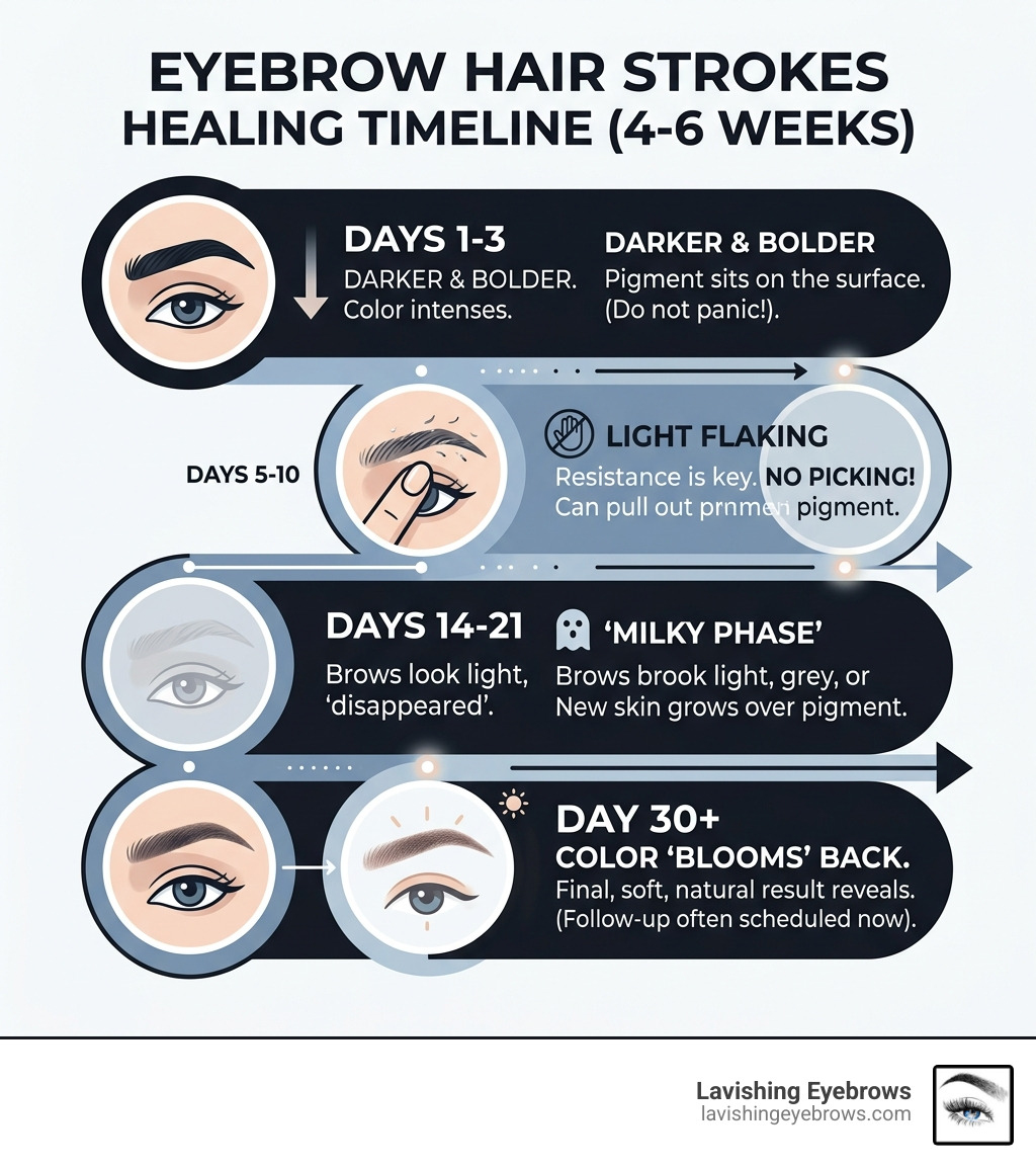 Infographic showing the 4-6 week healing timeline for eyebrow hair strokes infographic