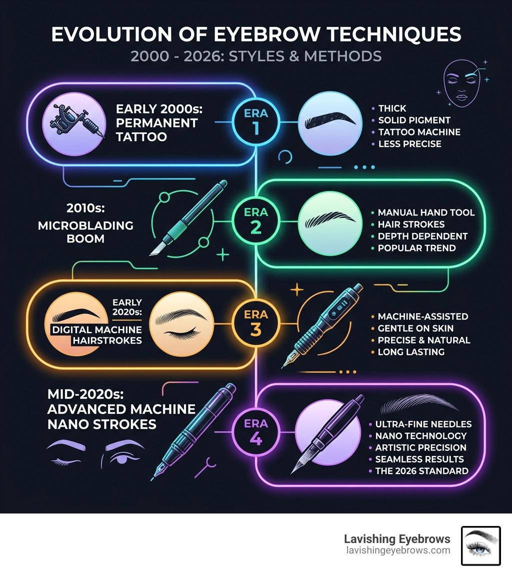 Evolution of eyebrow brow techniques timeline from 2000 to 2026 showing changes in styles and methods infographic