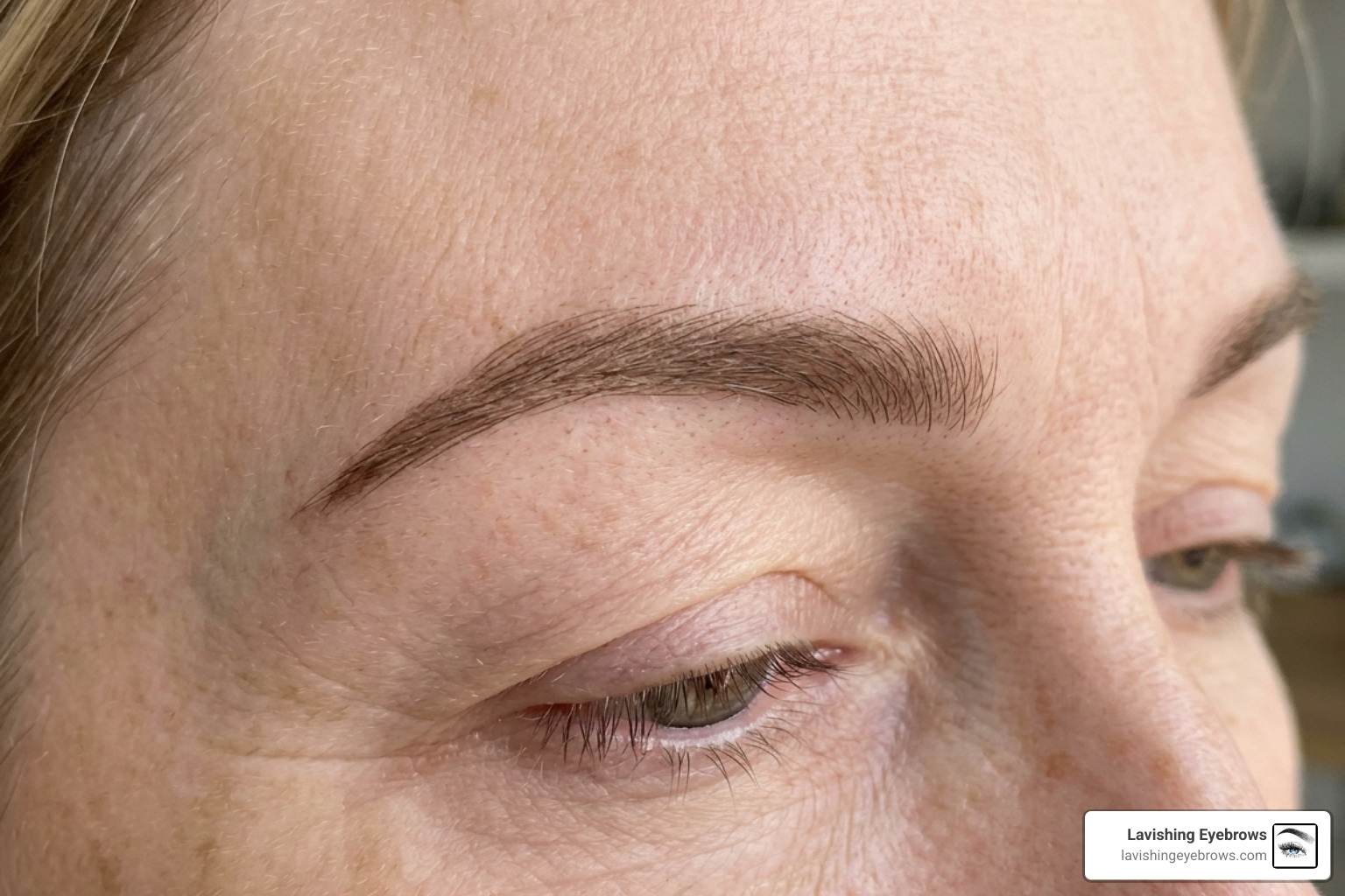 Close-up of nano-stroke microblading results on fair, mature skin