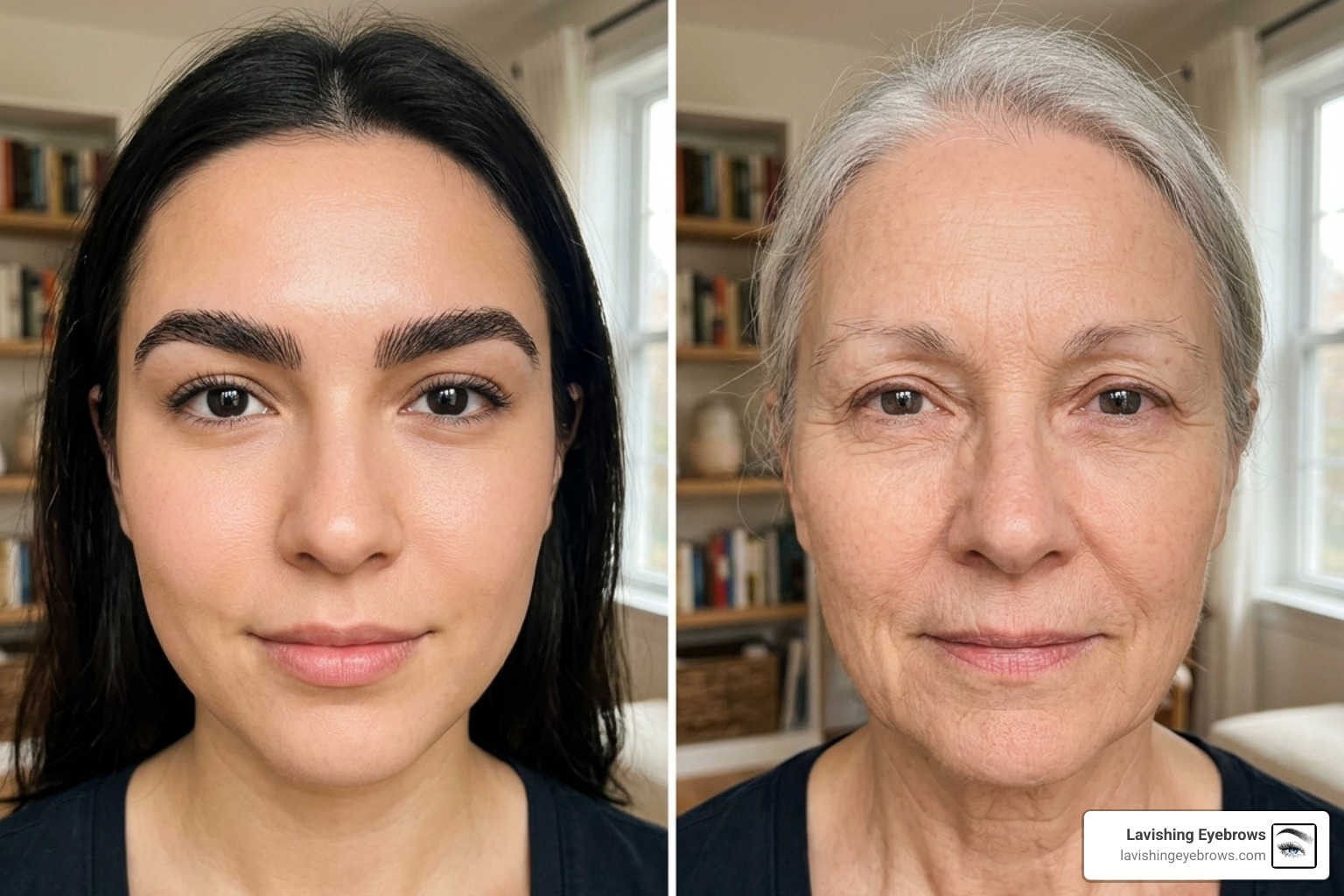 Comparison of youthful brow density versus mature thinning and pigment loss