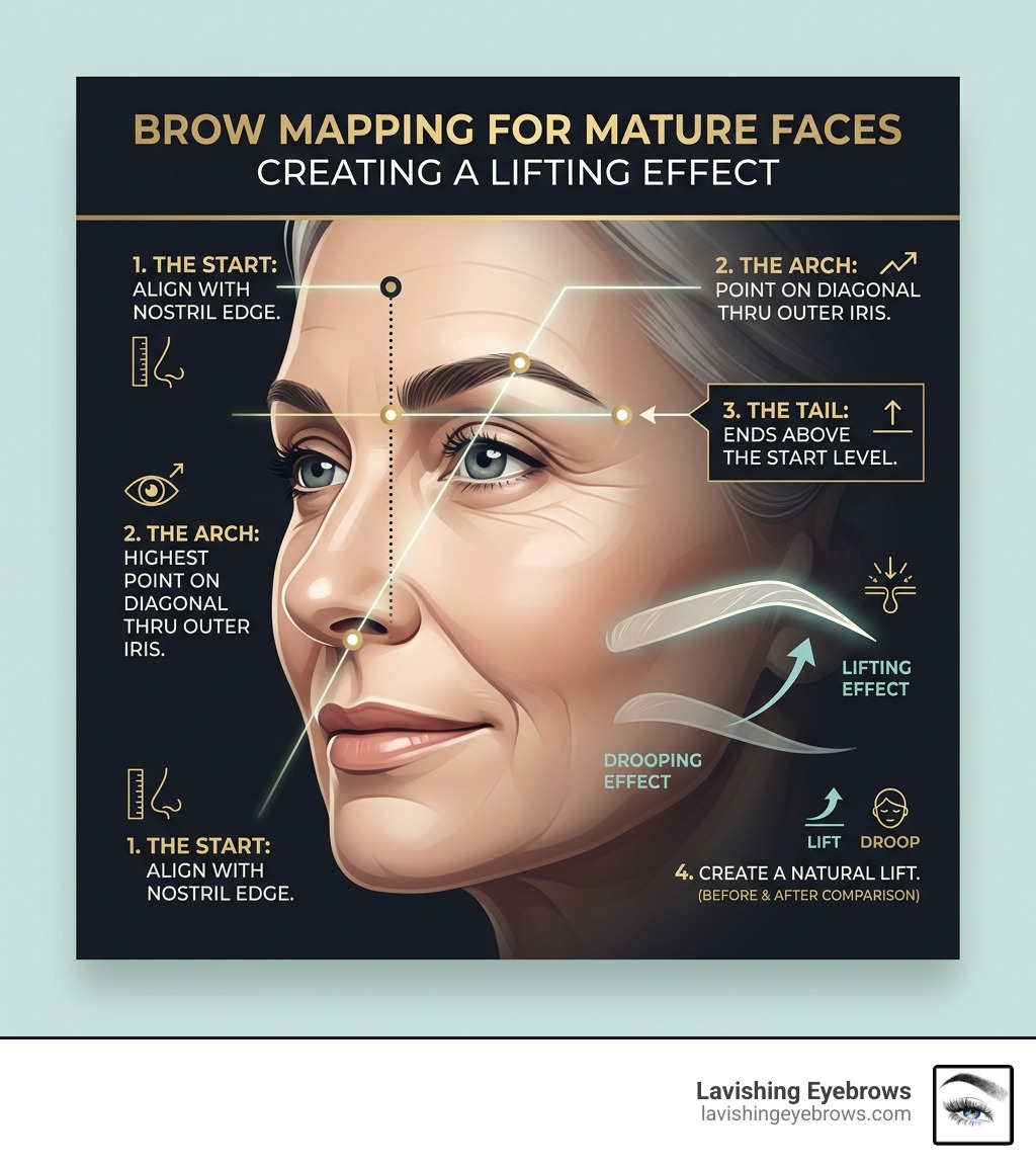 Infographic of brow mapping landmarks specifically for an aging face to create a lifting effect infographic