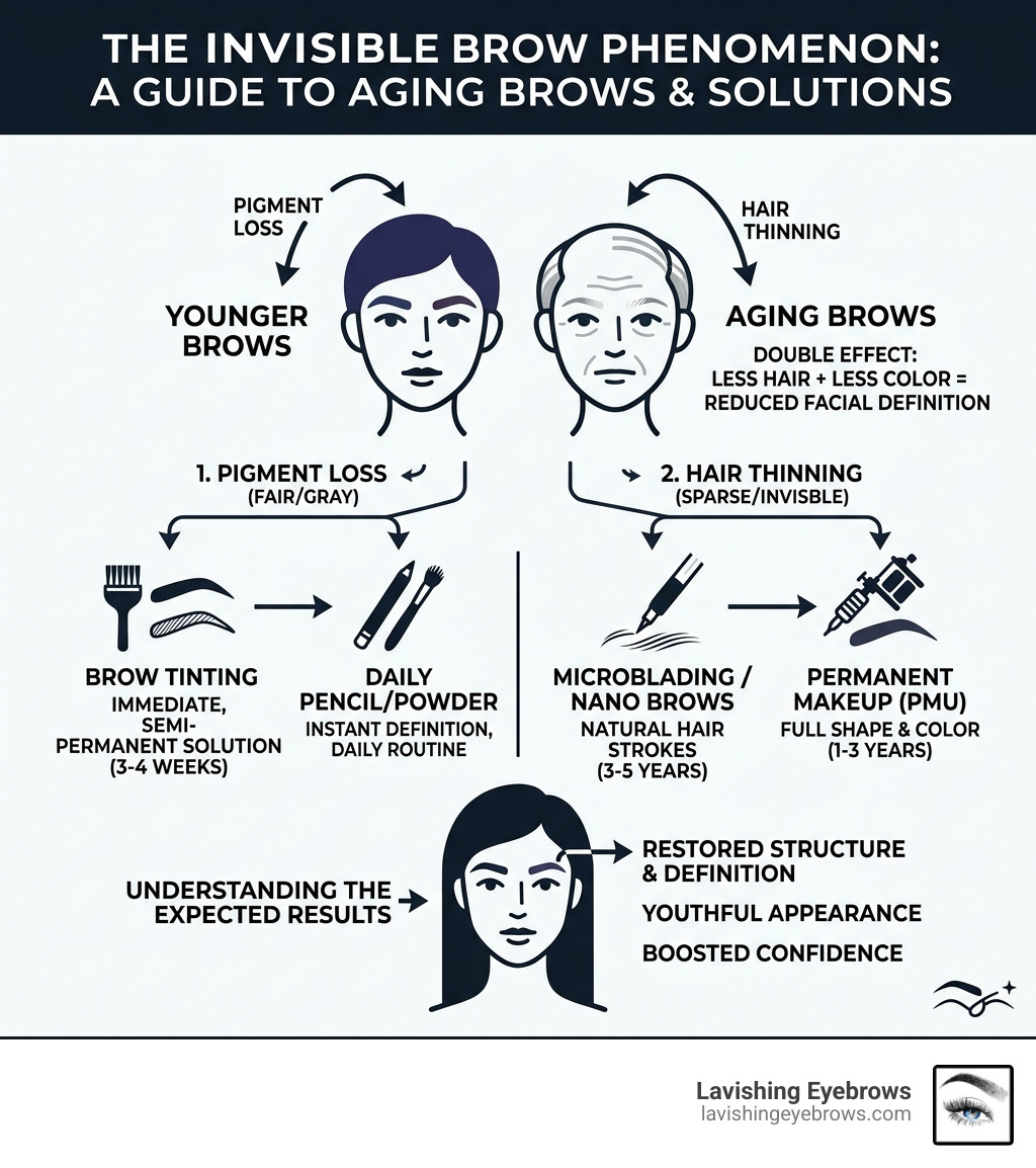 Infographic showing the invisible brow phenomenon: pigment loss and hair thinning with age, treatment options, and expected