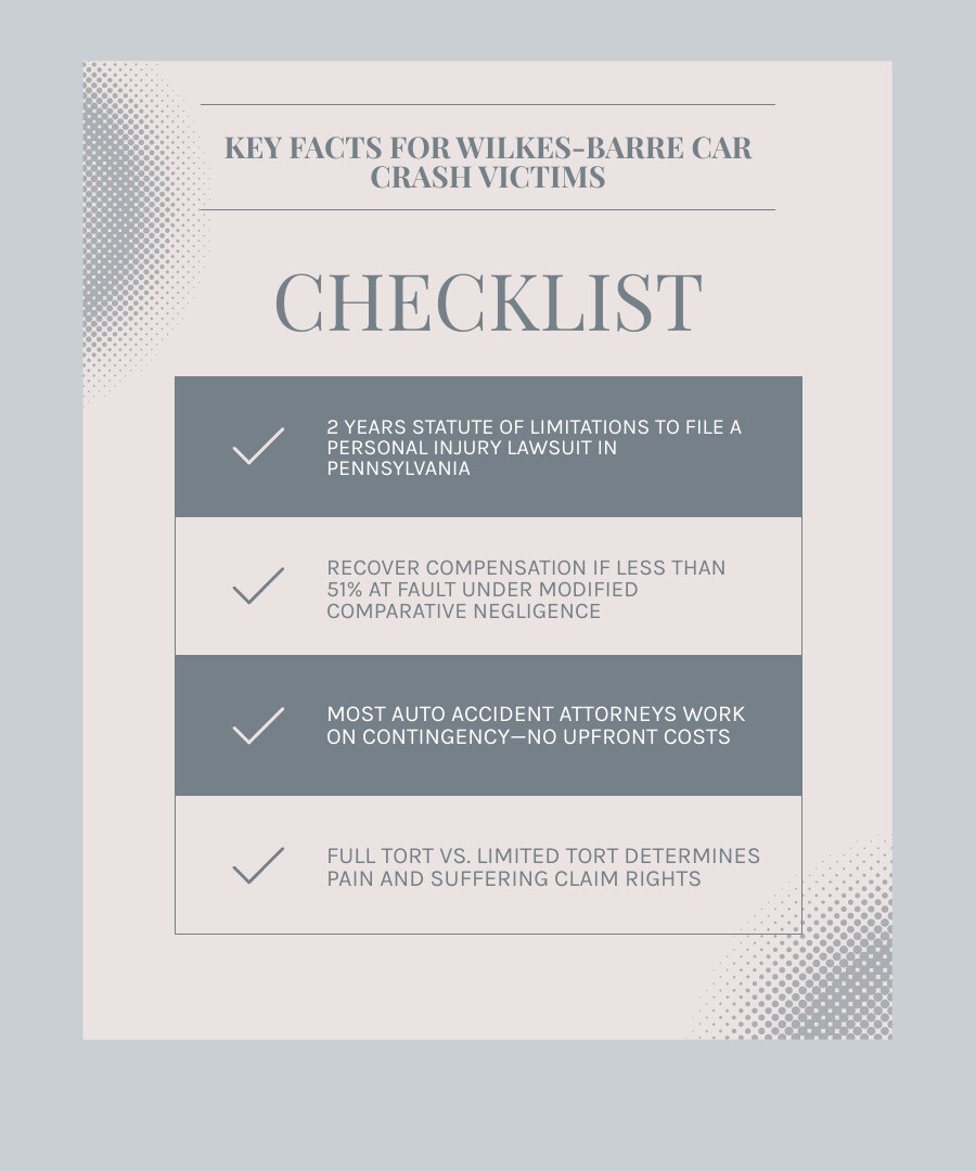 Infographic: Key facts for Wilkes-Barre car accident victims — statute of limitations, fault rules, insurance types, and more Infographic: Key facts for Wilkes-Barre car accident victims — statute of limitations, fault rules, insurance types, and more