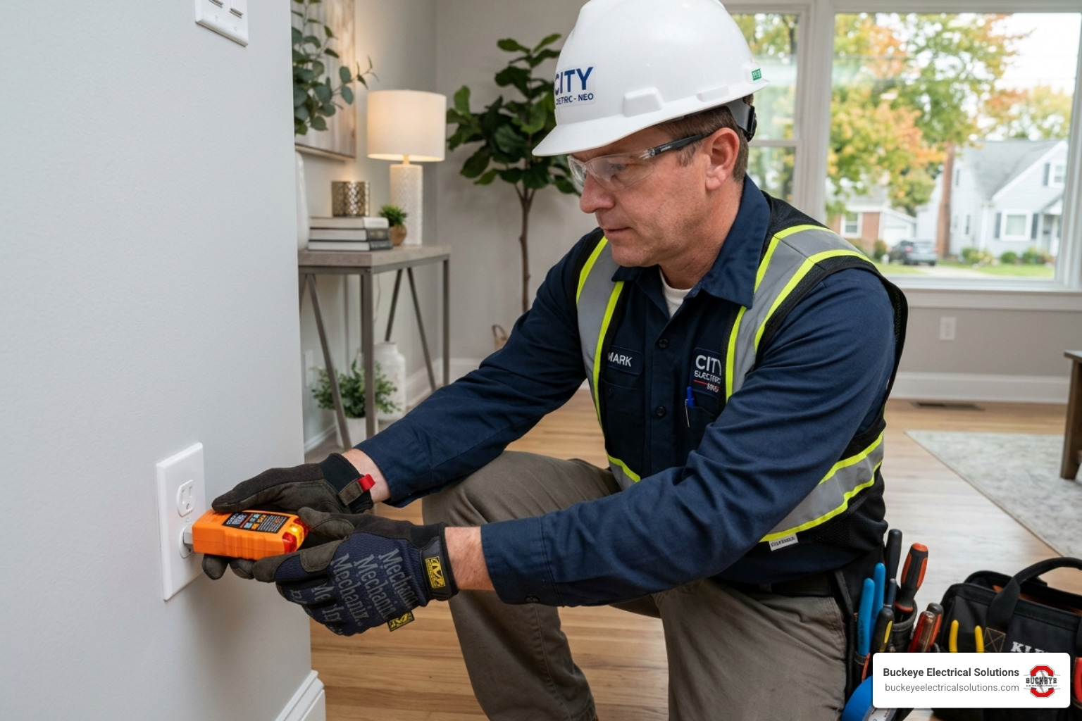 electrician using a three-light outlet tester to check a residential wall receptacle for wiring errors