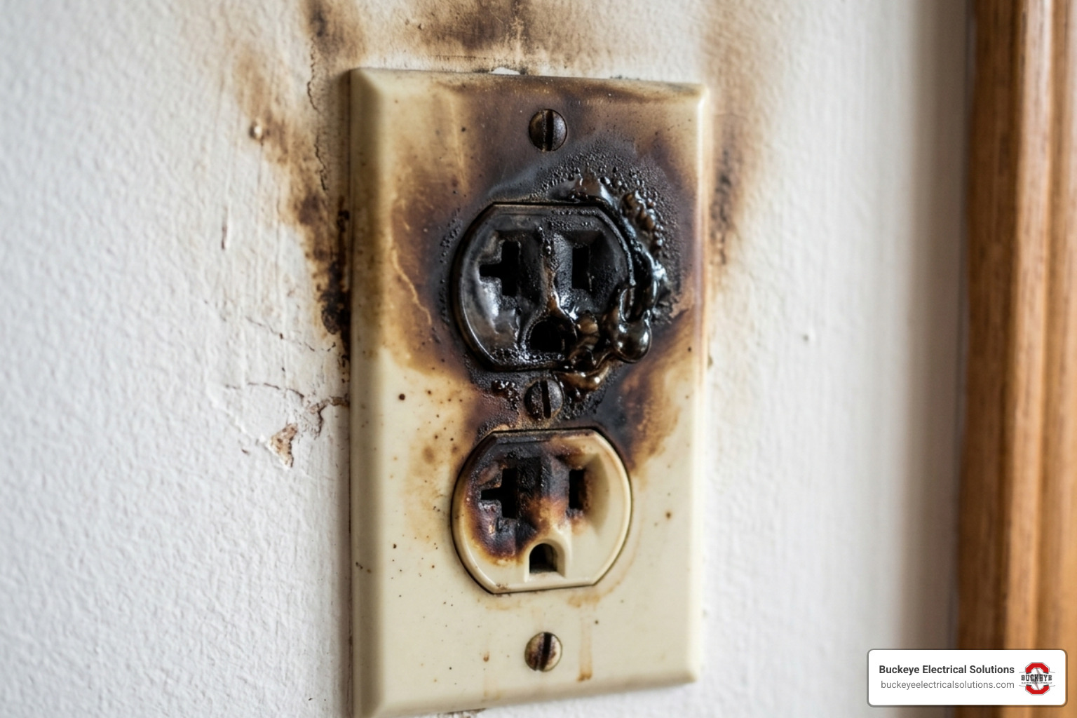 close-up of a scorched electrical outlet faceplate with brown heat discoloration and melted plastic