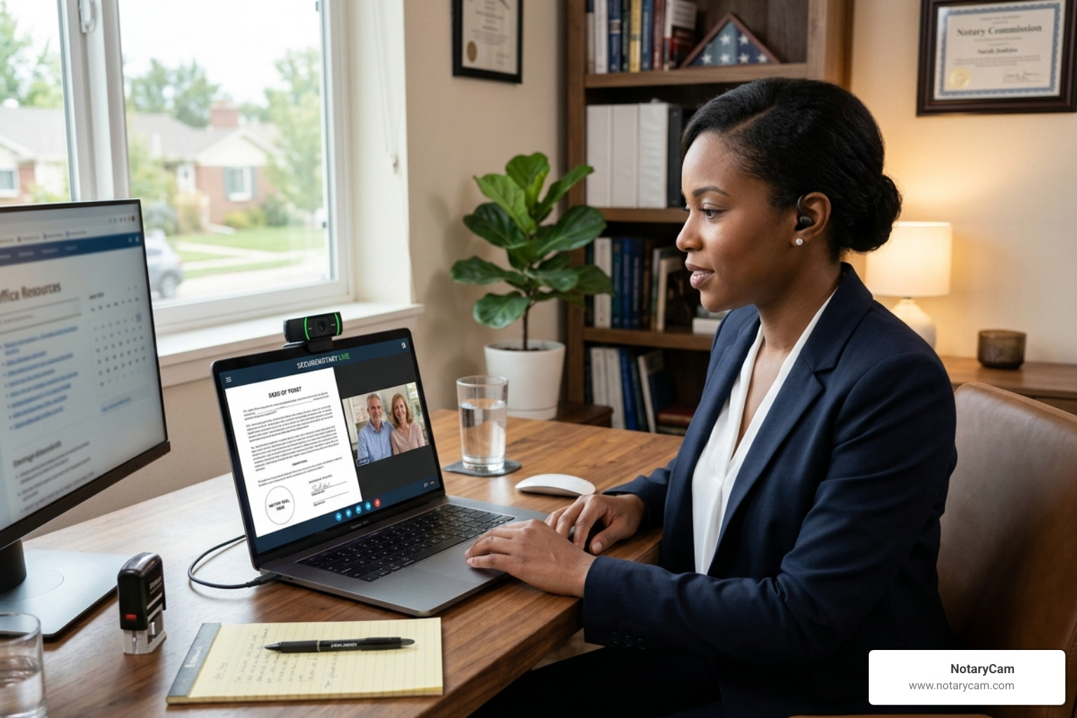 A person using a laptop for a secure video notary session with a digital document