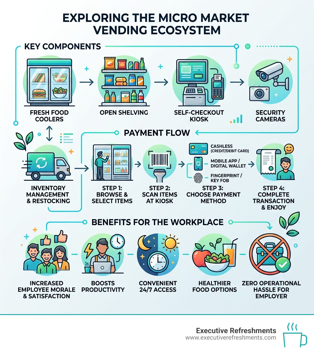 Micro market vending ecosystem infographic showing components, payment flow, and benefits infographic Micro market vending ecosystem infographic showing components, payment flow, and benefits infographic