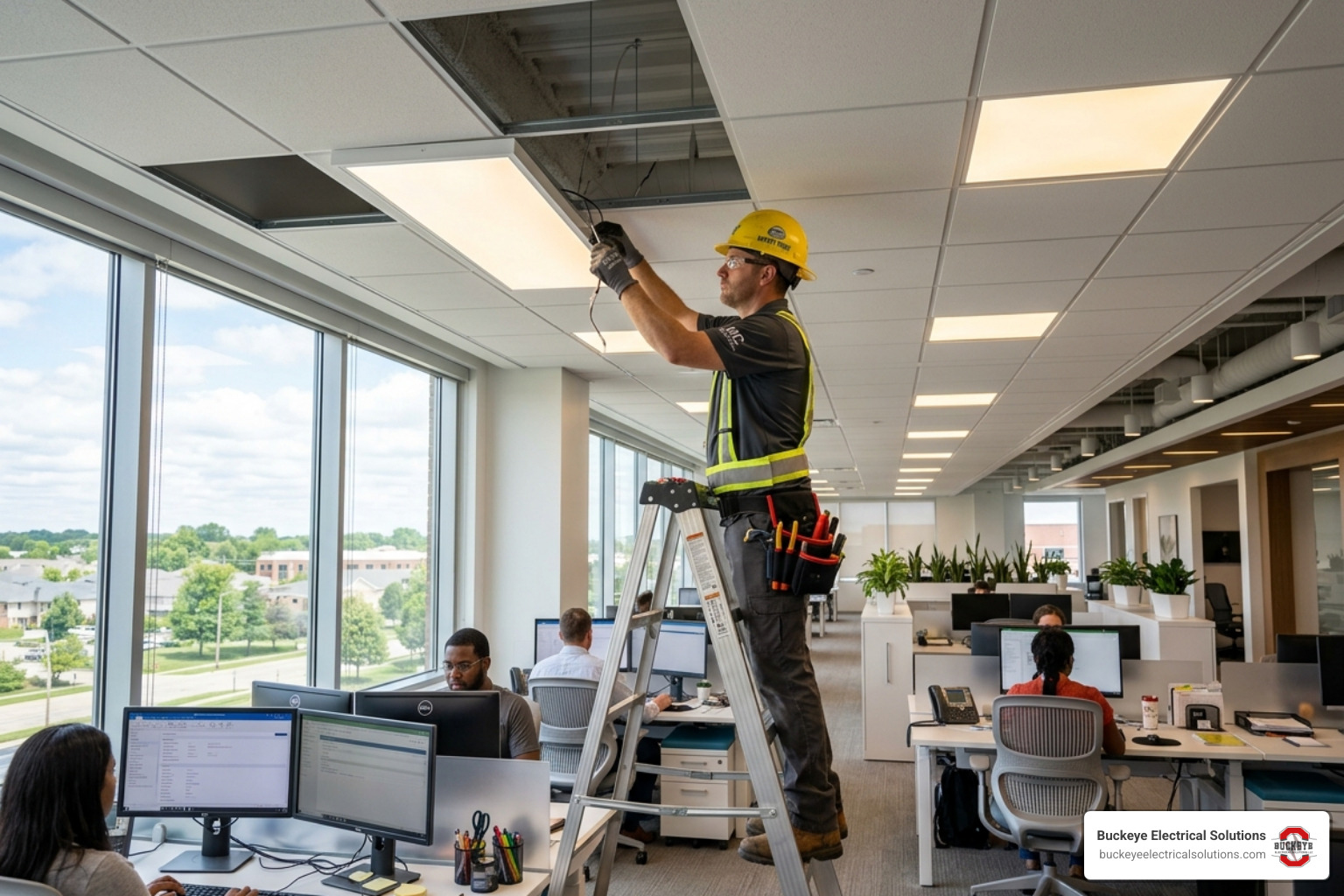 Modern office space with energy-efficient LED lighting installed by a commercial electrician Avon