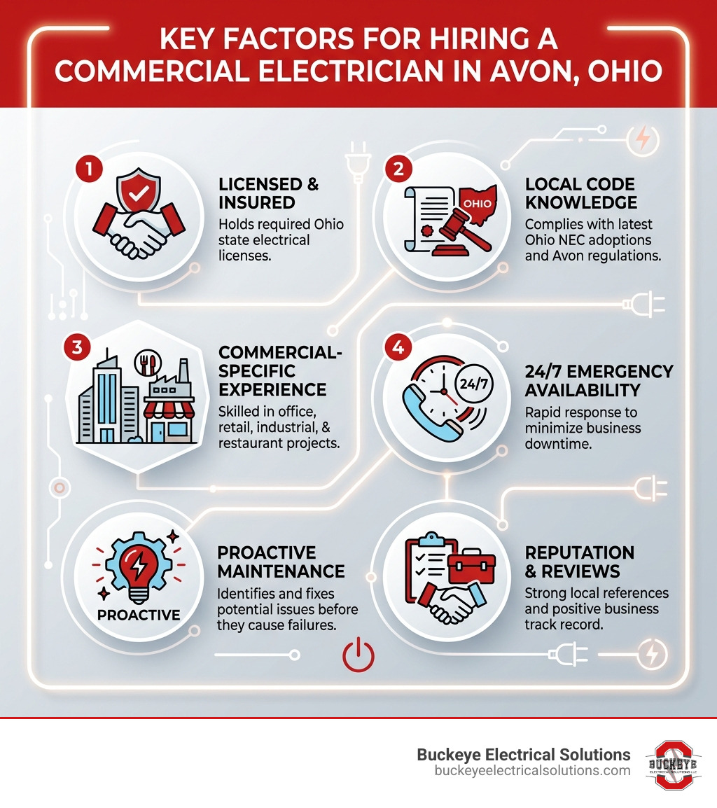Infographic: key factors for hiring a commercial electrician in Avon Ohio infographic