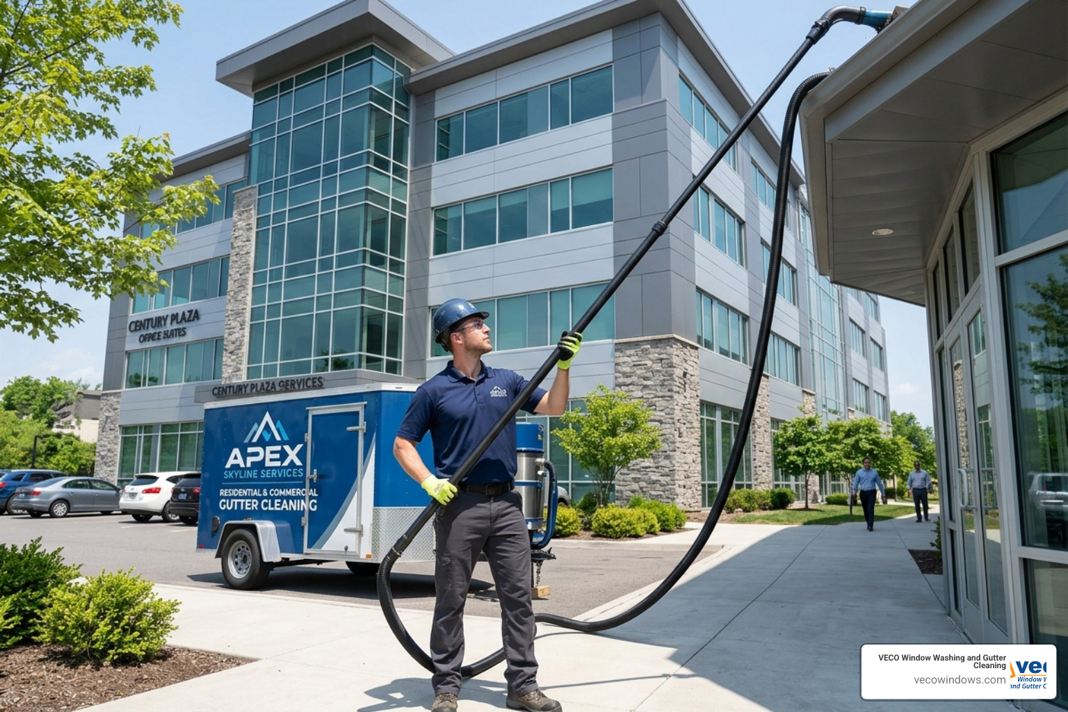 Technician using a carbon fiber pole for ground-based gutter cleaning