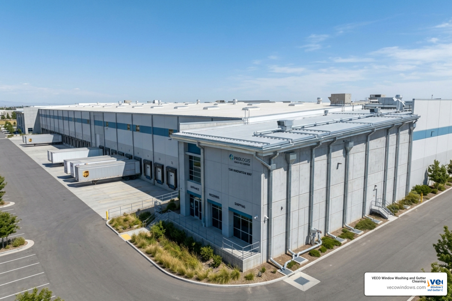 Large industrial warehouse with complex gutter and drainage systems