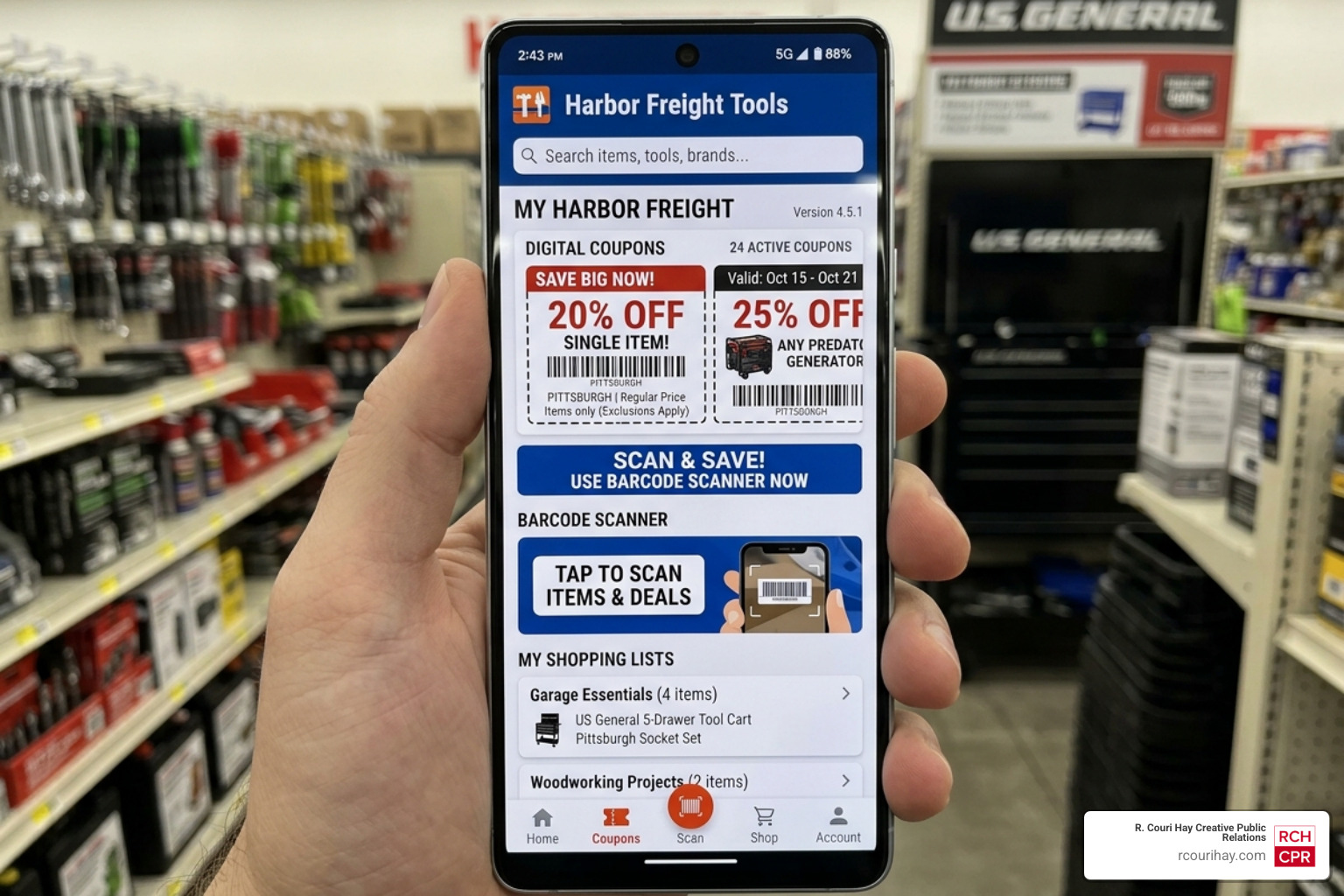 Harbor Freight mobile app interface with coupons and barcode scanner