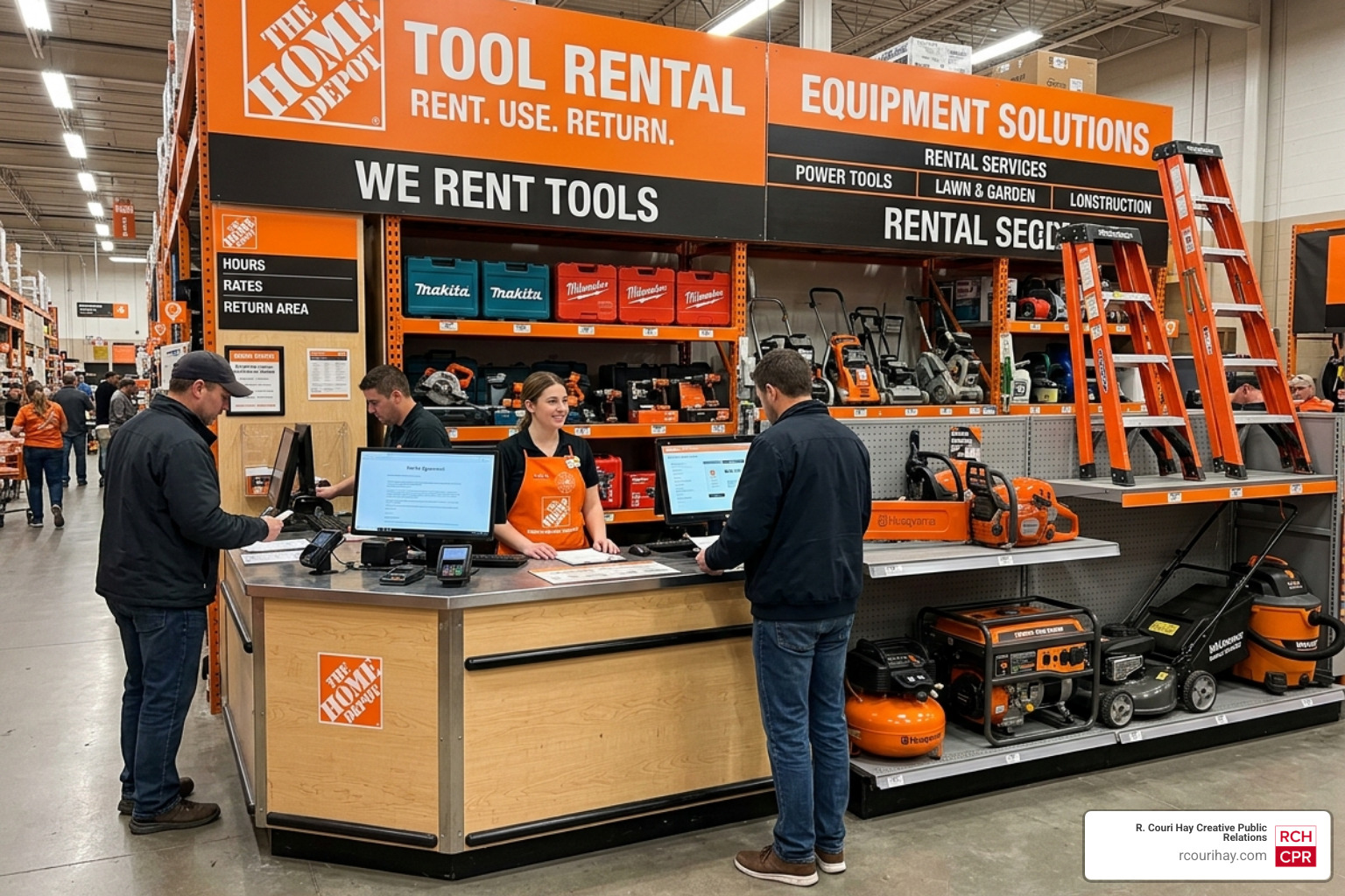 Home Depot tool rental counter with various equipment available Home Depot tool rental counter with various equipment available