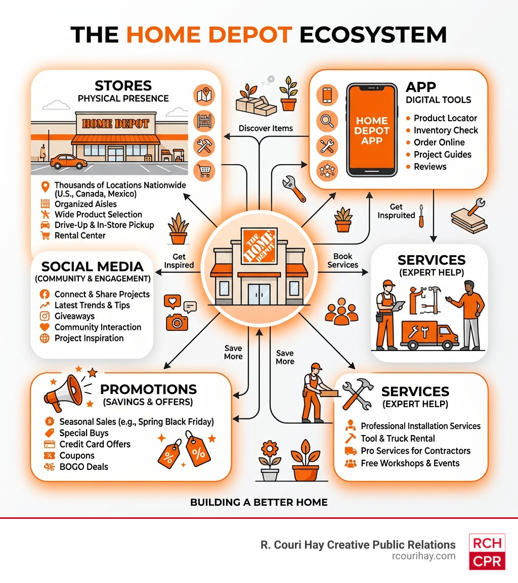 Infographic showing the Home Depot ecosystem including stores, app, services, promotions, and social media infographic Infographic showing the Home Depot ecosystem including stores, app, services, promotions, and social media infographic