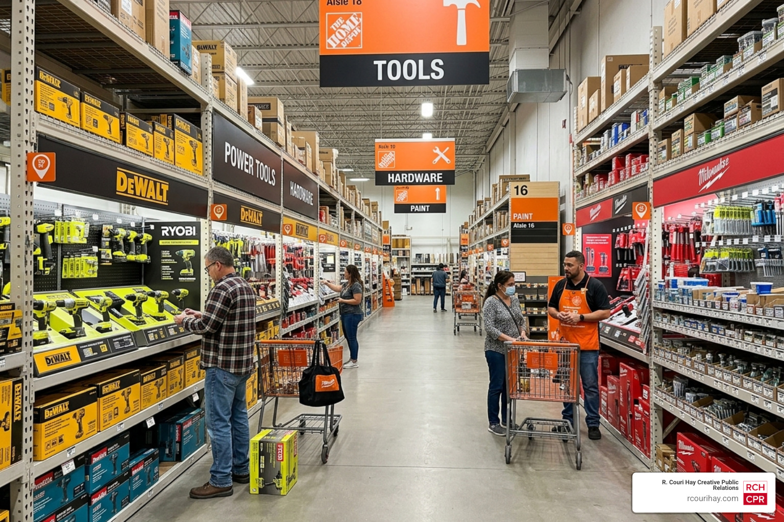 Inside a Home Depot store showing organized aisles and signage Inside a Home Depot store showing organized aisles and signage
