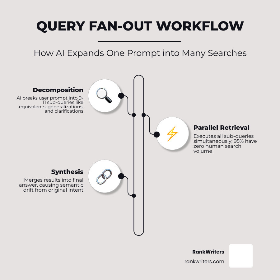 Infographic showing fan-out workflow from single user prompt through decomposition, parallel retrieval, synthesis, to final