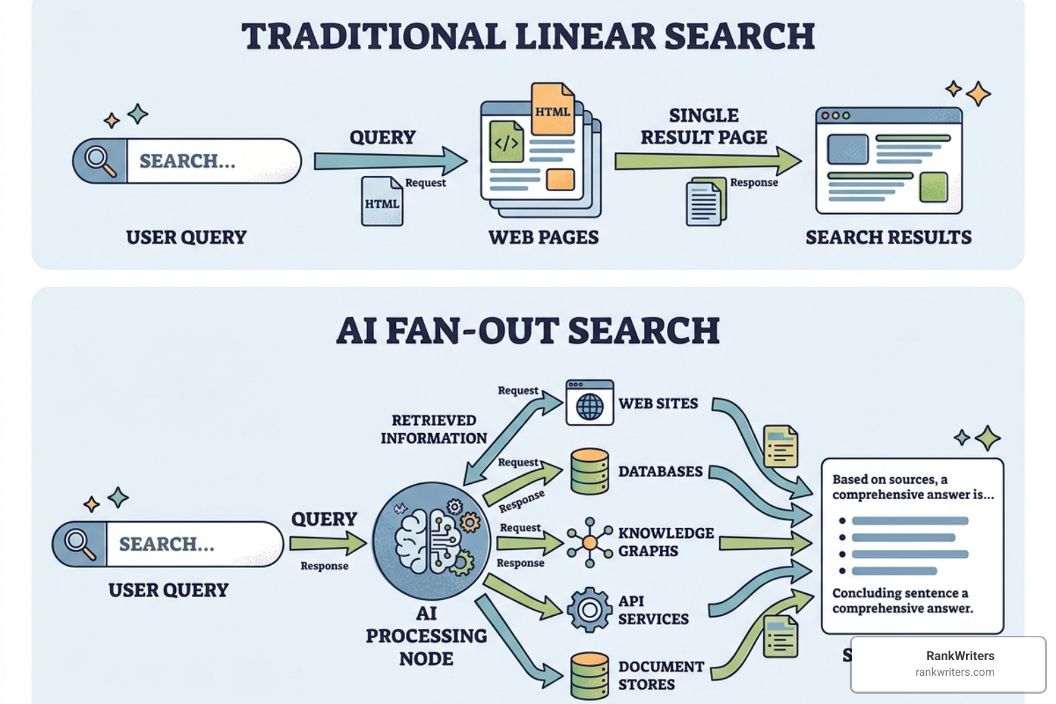Comparison of linear search vs fan-out multi-query retrieval