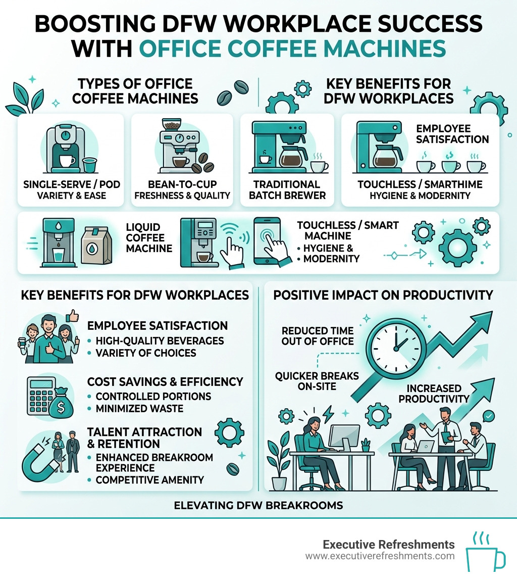 infographic showing office coffee machine types, benefits, and productivity impact for DFW workplaces infographic infographic showing office coffee machine types, benefits, and productivity impact for DFW workplaces infographic