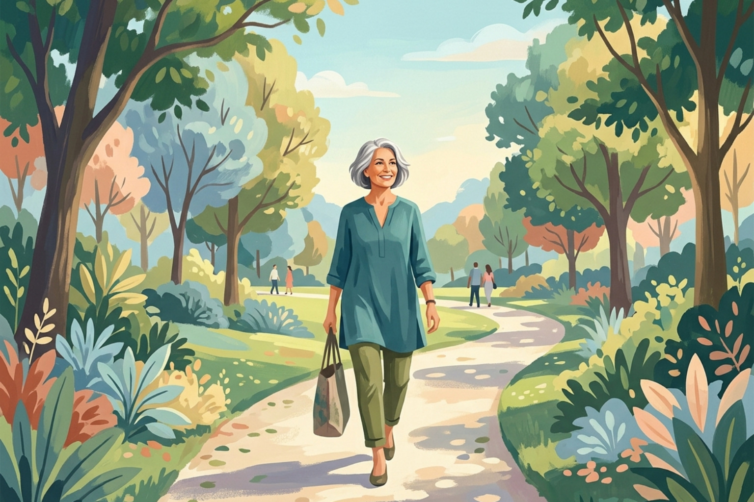 modern gouache illustration of an adult walking confidently along a sunlit park path