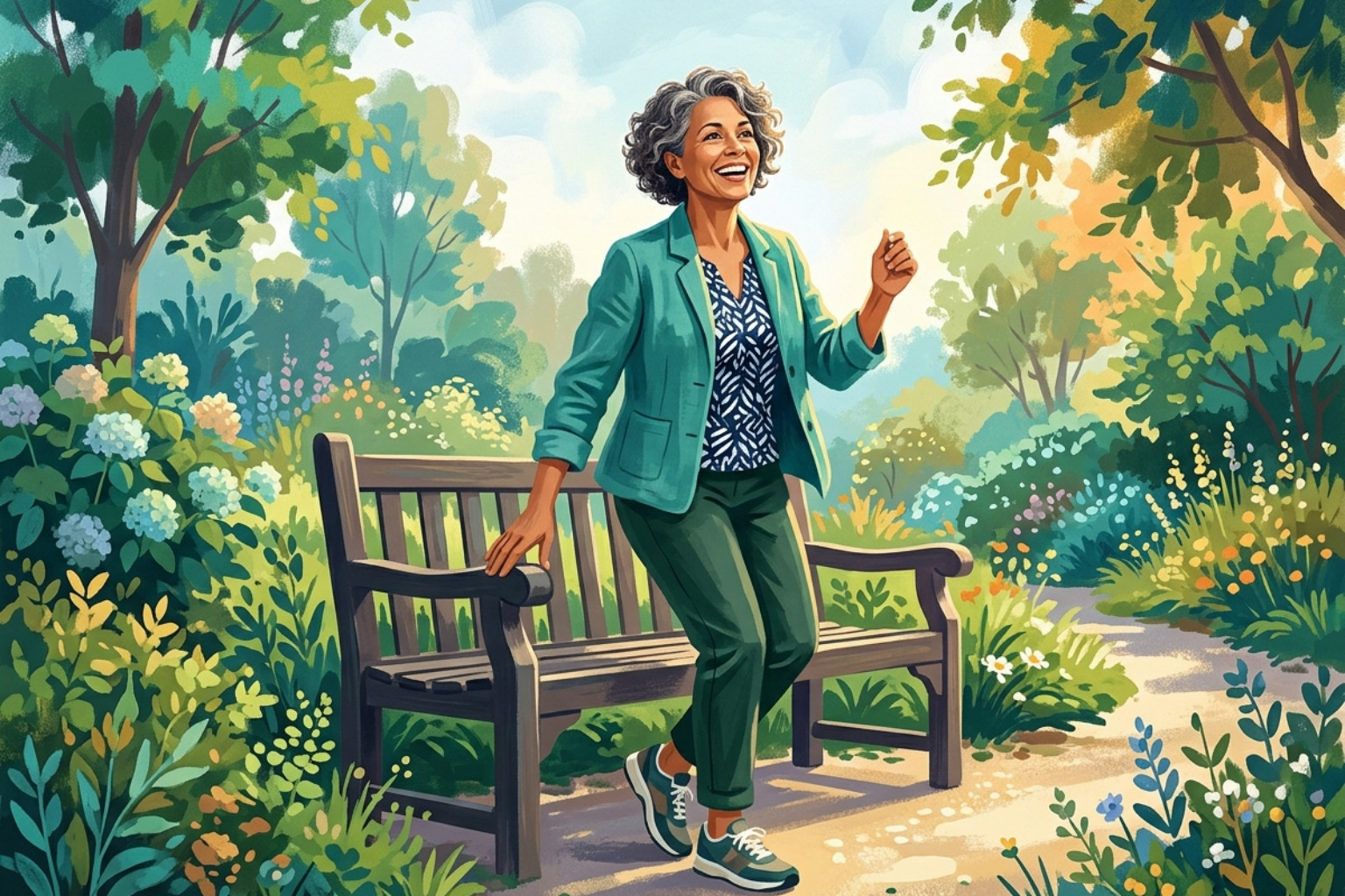 painterly illustration of an active adult standing up from a garden bench with confidence