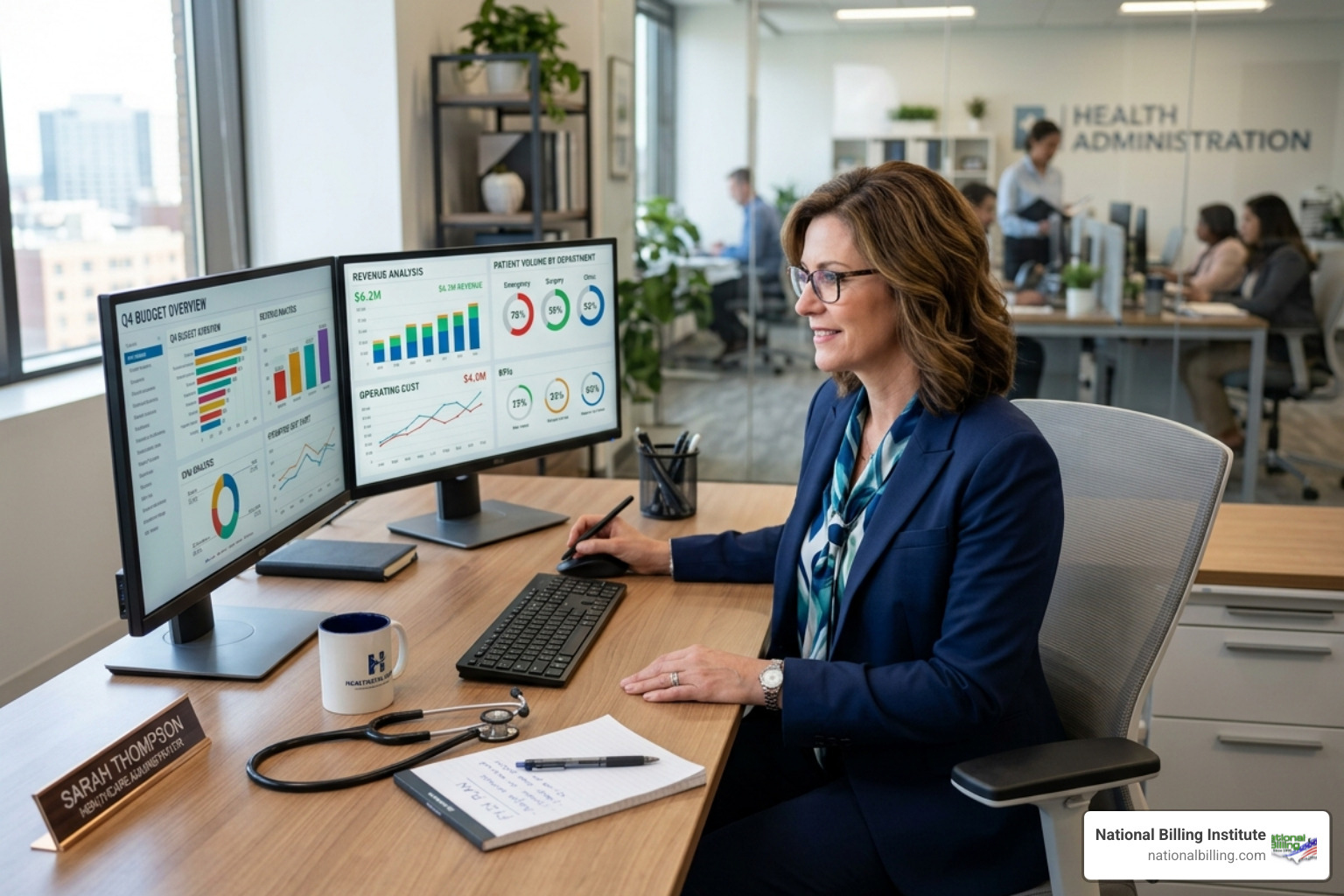 healthcare administrator analyzing financial dashboards