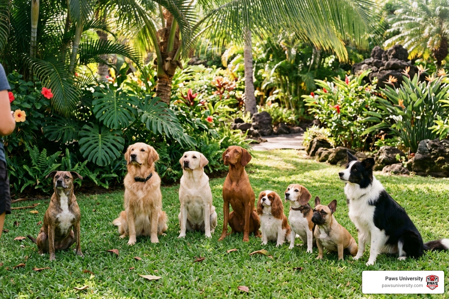 A group of dogs and owners practicing stay in a shaded outdoor garden A group of dogs and owners practicing stay in a shaded outdoor garden