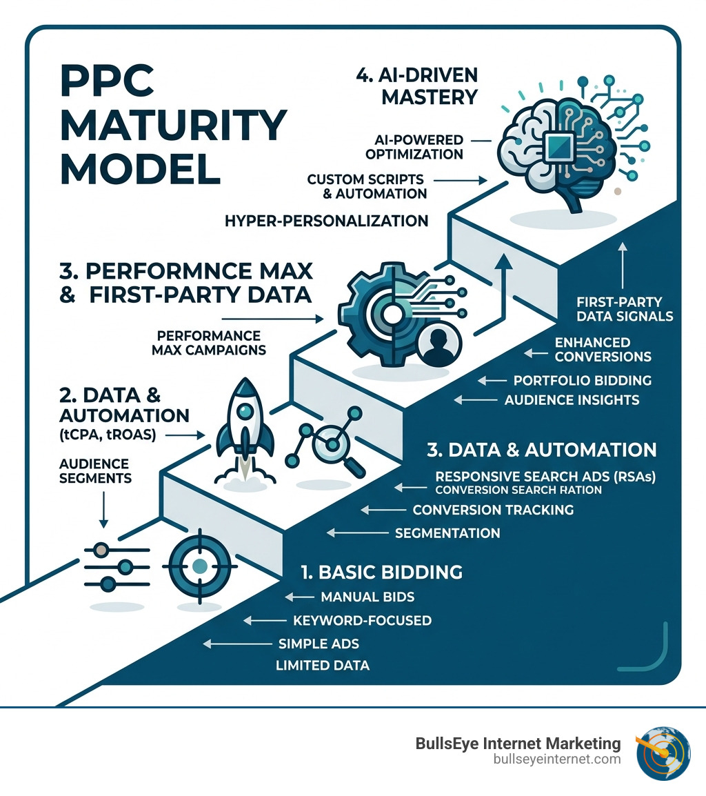 PPC maturity model from basic bidding to AI-driven mastery infographic infographic PPC maturity model diagram illustrating AI-driven bidding, custom scripts, and data automation for advanced Google