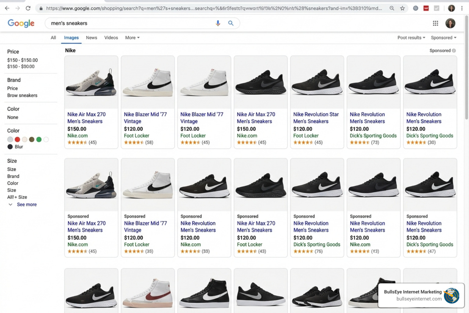 Crowded Google Shopping results page showing market dominance Google Shopping results page for men's sneakers showcasing Nike products and price ranges.