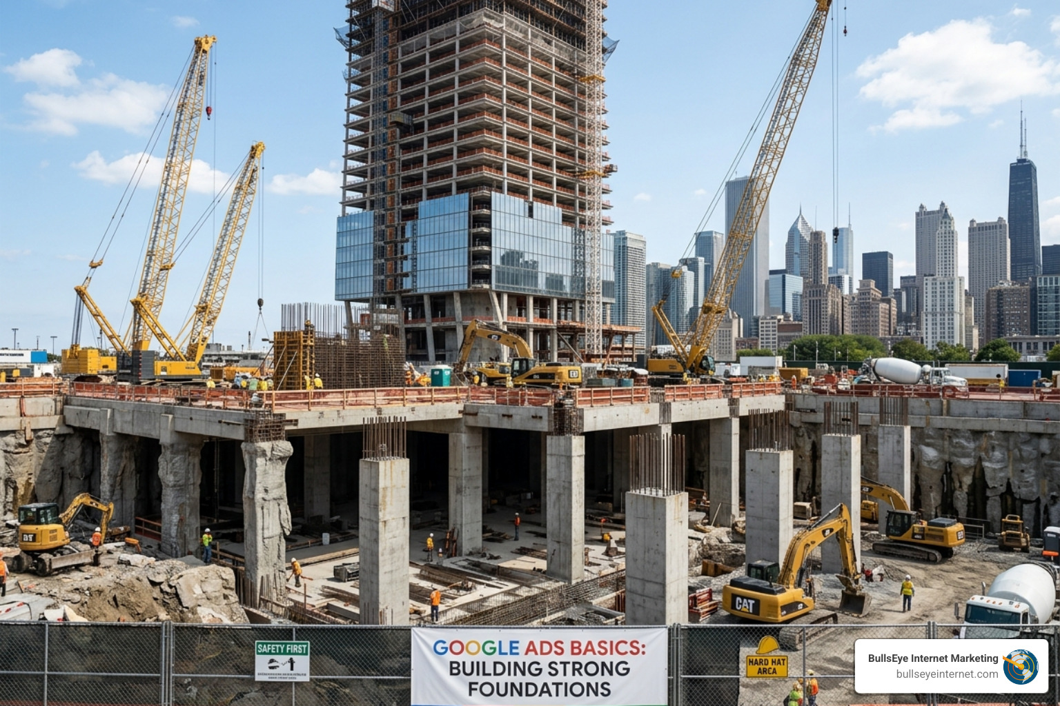 A strong skyscraper foundation representing Google Ads basics Skyscraper construction site illustrating foundational importance for Google Ads strategies.