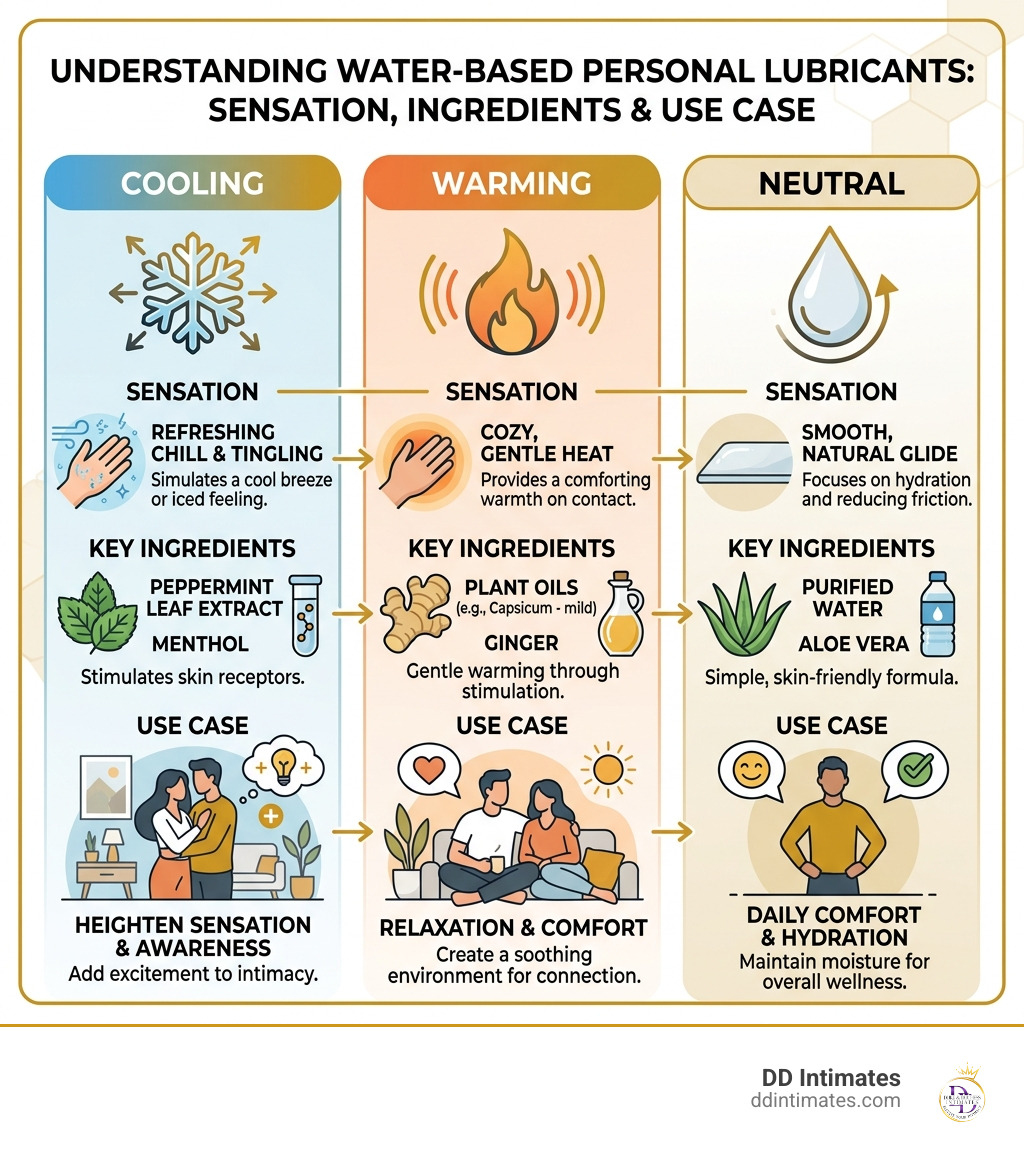 Infographic comparing cooling vs warming vs neutral water-based personal lubricants by sensation, ingredients, and use case