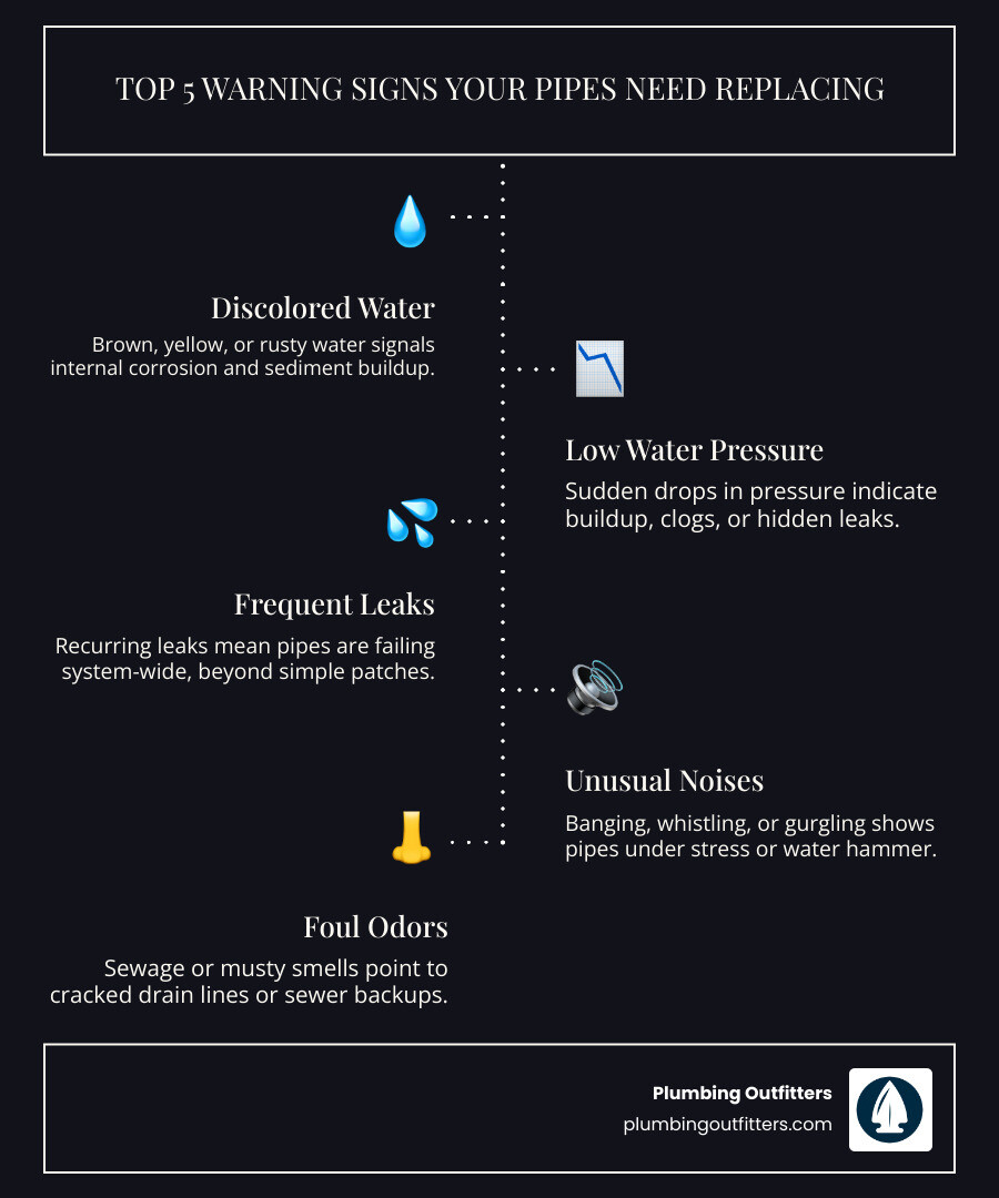 Top signs your home's pipes need replacing: discolored water, low pressure, frequent leaks, old pipe materials, foul odors Top signs your home's pipes need replacing: discolored water, low pressure, frequent leaks, old pipe materials, foul odors