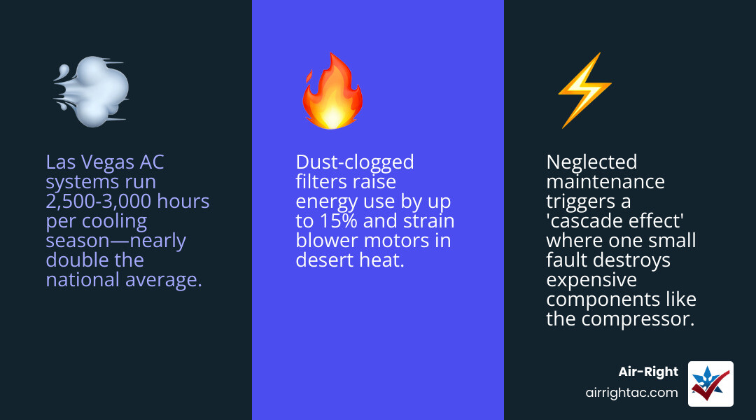 Infographic showing the cascade effect of neglected HVAC maintenance in desert heat climates infographic Infographic showing the cascade effect of neglected HVAC maintenance in desert heat climates infographic