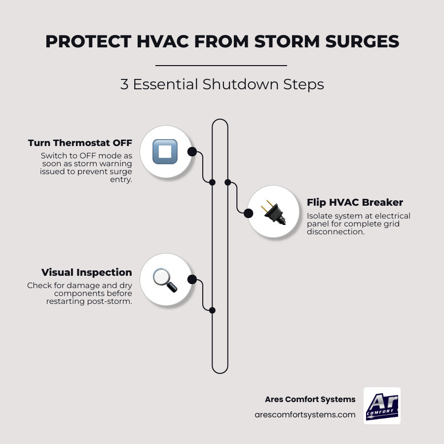 Infographic showing risks of power surges to HVAC systems during storms, including lightning, voltage spikes, compressor