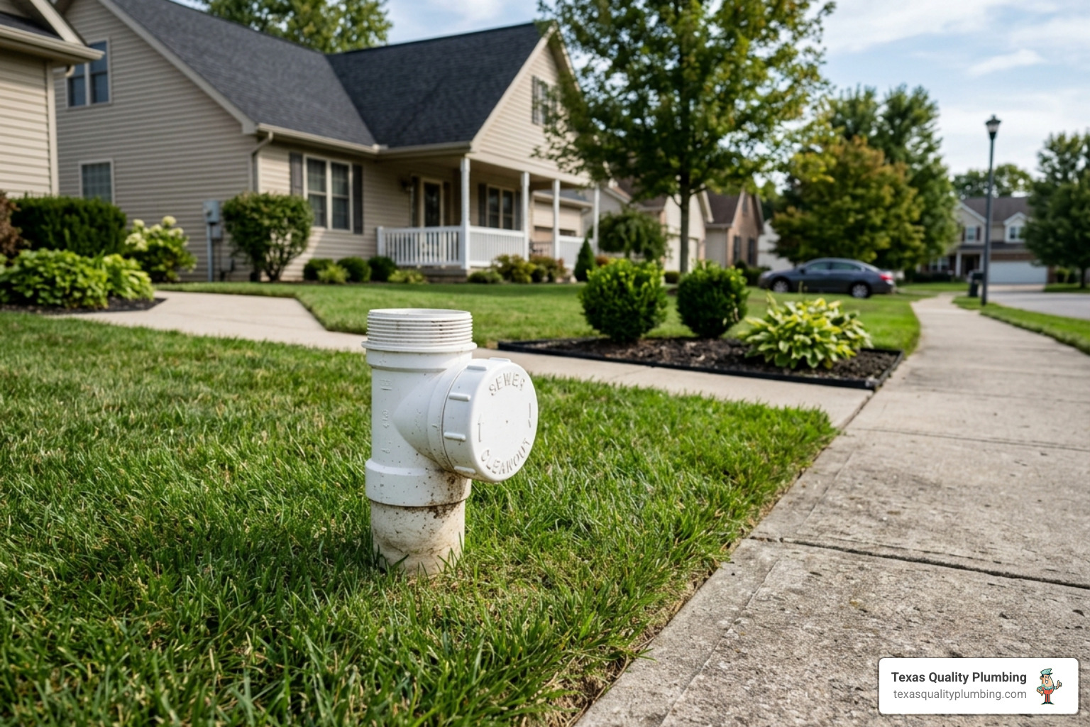 A white plastic sewer cleanout pipe with a threaded cap located in a residential yard near the sidewalk A white plastic sewer cleanout pipe with a threaded cap located in a residential yard near the sidewalk