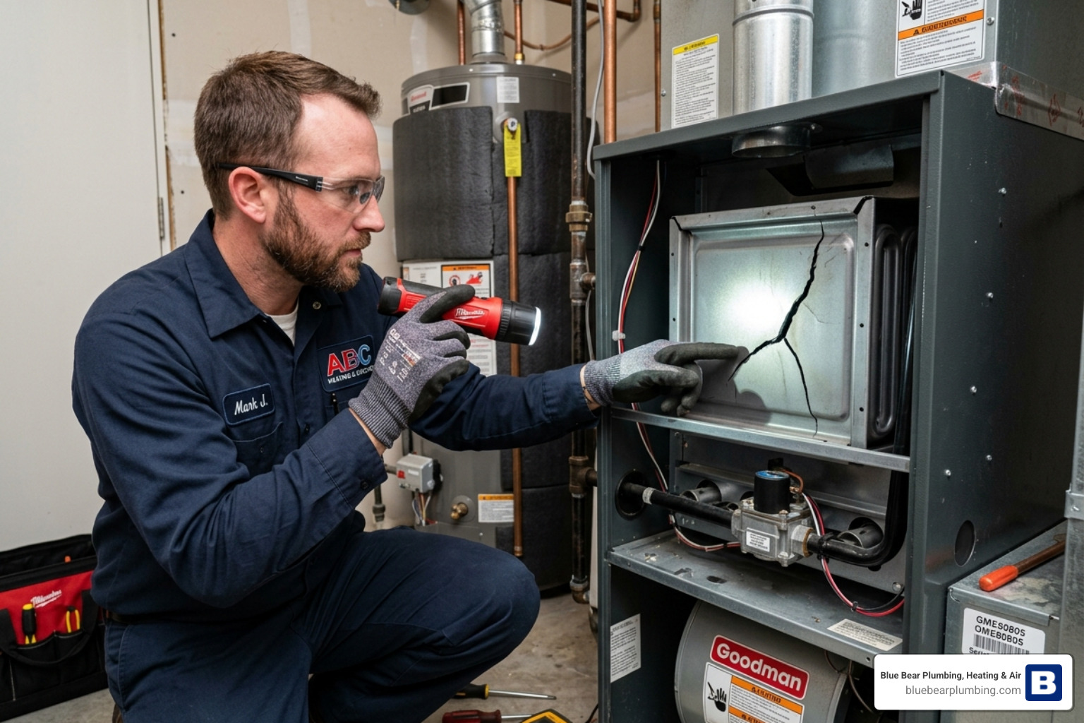 technician inspecting a cracked heat exchanger technician inspecting a cracked heat exchanger